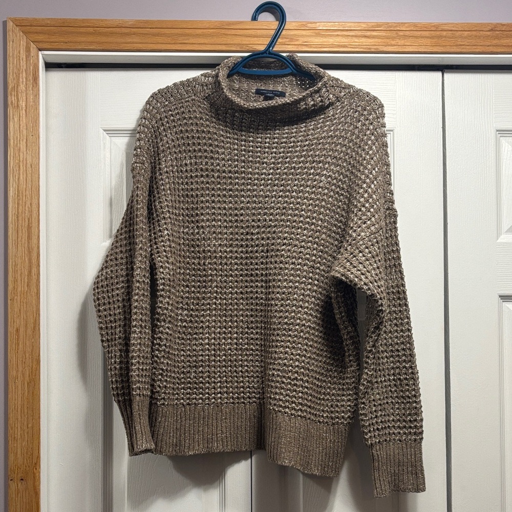 American Eagle Brown Chunky Knit Mock Neck Sweater Slouchy Pullover Size Medium